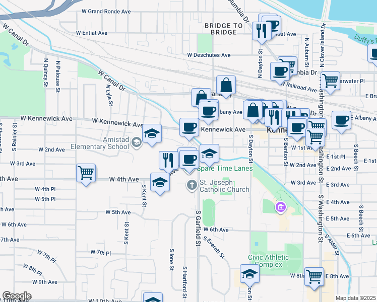 map of restaurants, bars, coffee shops, grocery stores, and more near 808 W Vineyard Dr in Kennewick