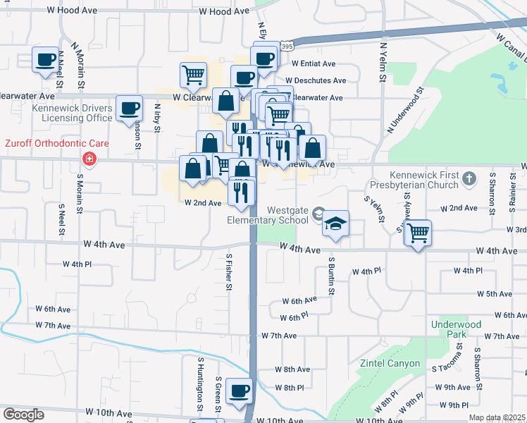 map of restaurants, bars, coffee shops, grocery stores, and more near 129 South Ely Street in Kennewick
