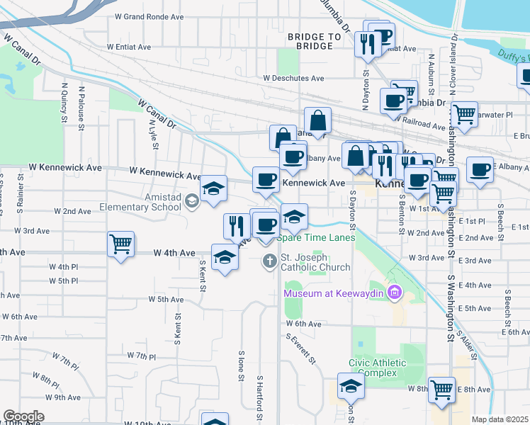 map of restaurants, bars, coffee shops, grocery stores, and more near 808 West Vineyard Drive in Kennewick