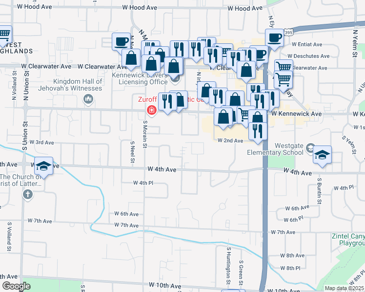 map of restaurants, bars, coffee shops, grocery stores, and more near 201 South Johnson Street in Kennewick