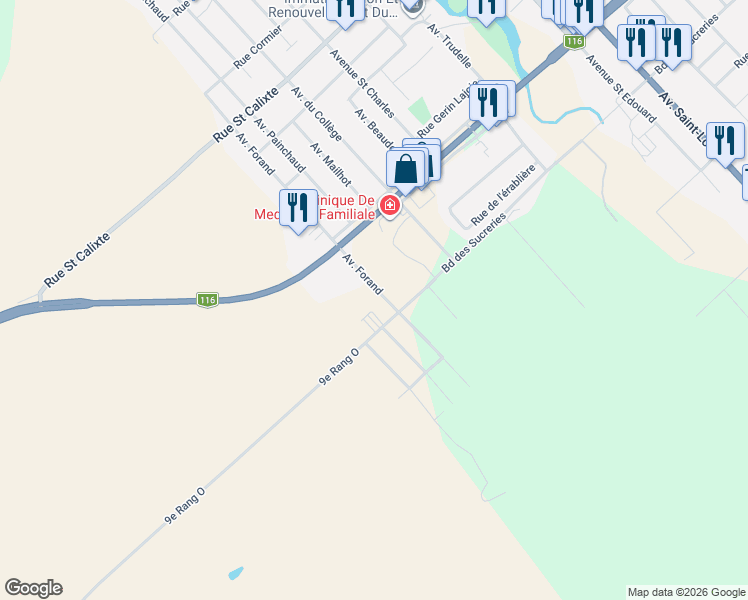 map of restaurants, bars, coffee shops, grocery stores, and more near 1039 Avenue Forand in Plessisville