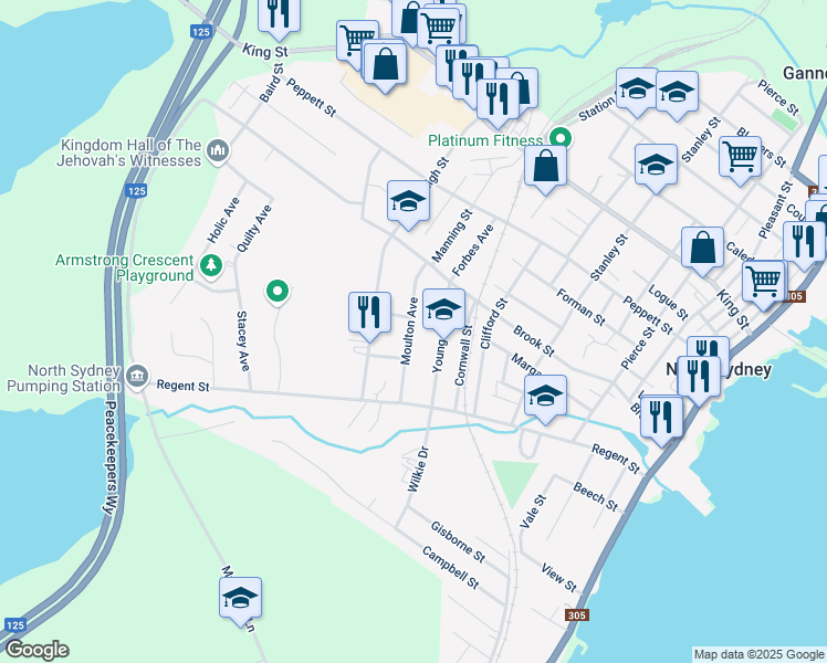 map of restaurants, bars, coffee shops, grocery stores, and more near 23 Moulton Avenue in North Sydney