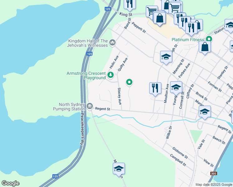 map of restaurants, bars, coffee shops, grocery stores, and more near 14 Stacey Avenue in North Sydney