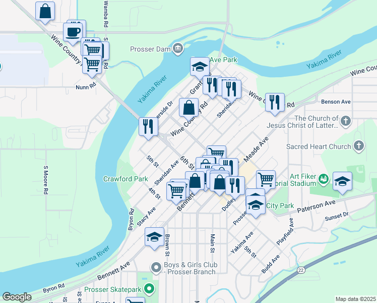 map of restaurants, bars, coffee shops, grocery stores, and more near 1215 Sheridan Avenue in Prosser
