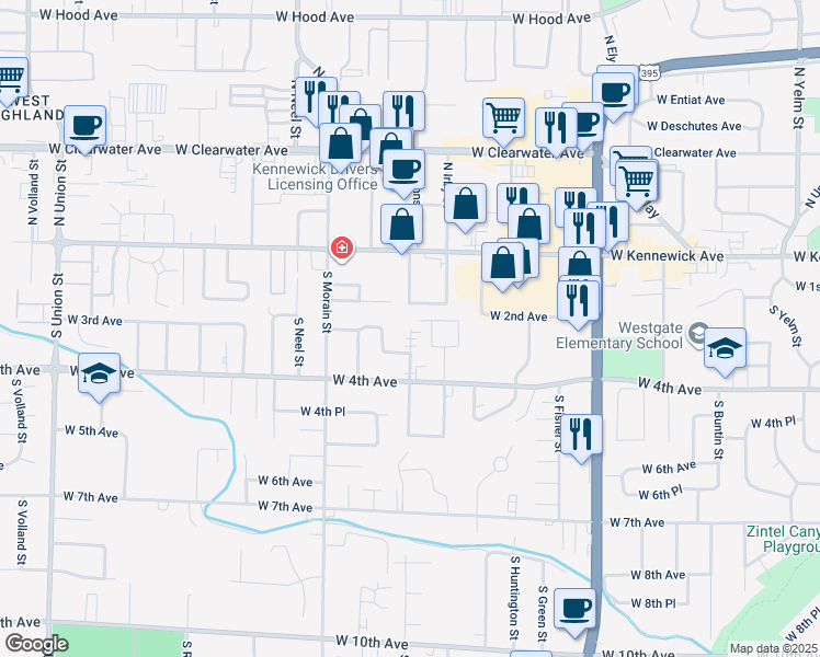 map of restaurants, bars, coffee shops, grocery stores, and more near 201 South Johnson Street in Kennewick