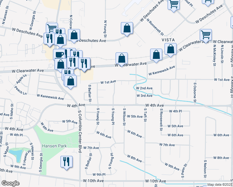 map of restaurants, bars, coffee shops, grocery stores, and more near 219 South Young Place in Kennewick