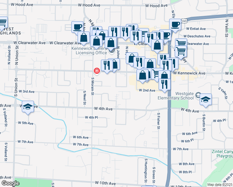 map of restaurants, bars, coffee shops, grocery stores, and more near 201 South Johnson Street in Kennewick