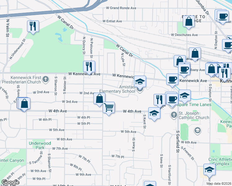 map of restaurants, bars, coffee shops, grocery stores, and more near 1206 West 2nd Avenue in Kennewick