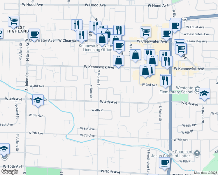 map of restaurants, bars, coffee shops, grocery stores, and more near 3317 West 3rd Avenue in Kennewick