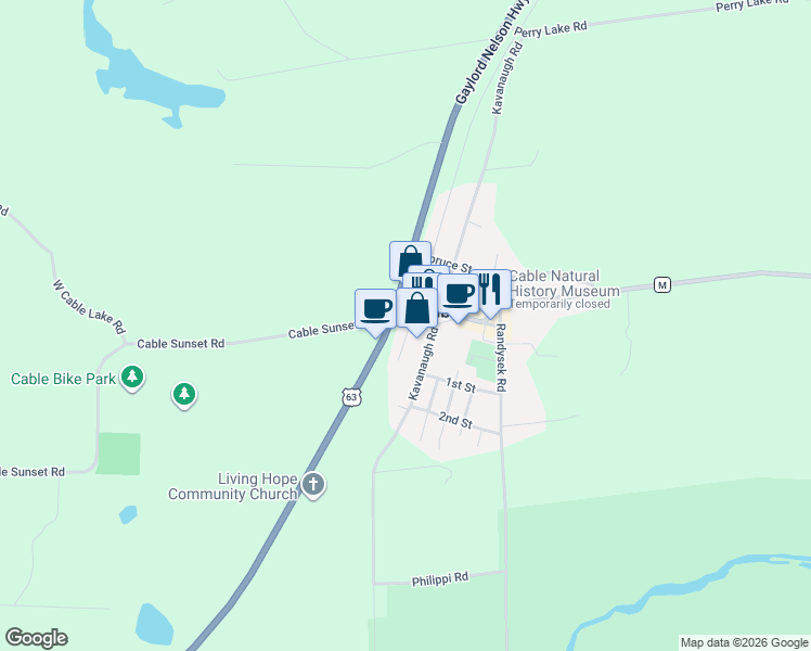 map of restaurants, bars, coffee shops, grocery stores, and more near 43490 US Highway 63 in Cable