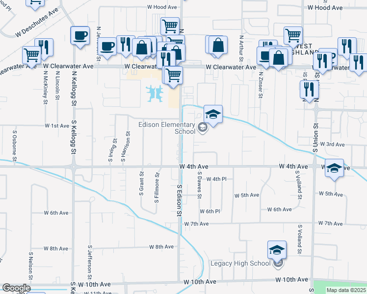 map of restaurants, bars, coffee shops, grocery stores, and more near 211 South Edison Street in Kennewick