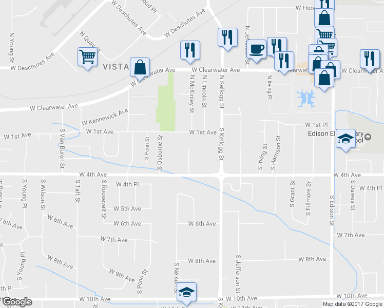 map of restaurants, bars, coffee shops, grocery stores, and more near 207 South McKinley Place in Kennewick
