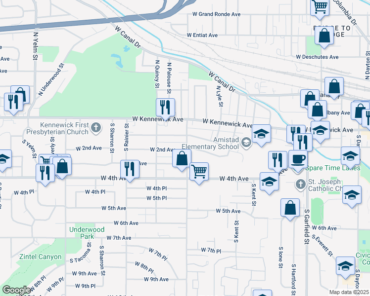 map of restaurants, bars, coffee shops, grocery stores, and more near 1233 West 2nd Avenue in Kennewick
