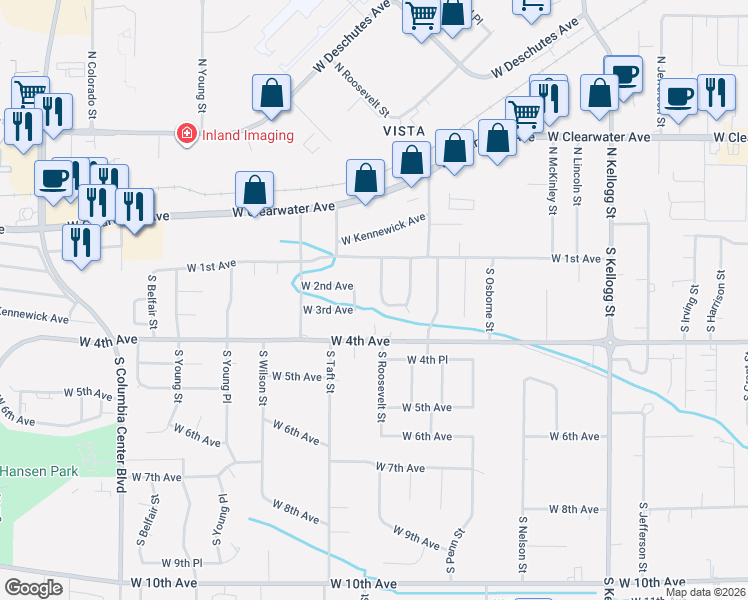 map of restaurants, bars, coffee shops, grocery stores, and more near 308 South Roosevelt Place in Kennewick