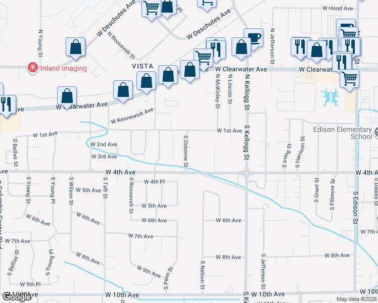 map of restaurants, bars, coffee shops, grocery stores, and more near 245 South Osborne Street in Kennewick