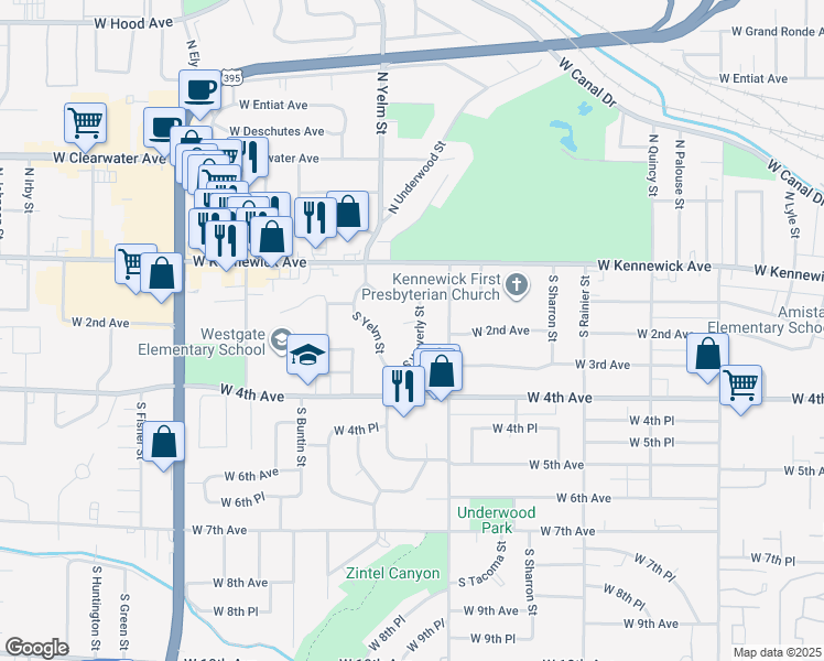 map of restaurants, bars, coffee shops, grocery stores, and more near 102 South Waverly Street in Kennewick