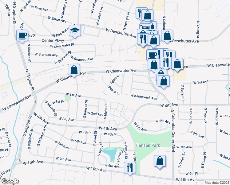 map of restaurants, bars, coffee shops, grocery stores, and more near Peach Lane in Kennewick