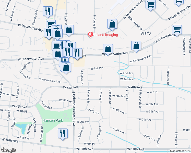 map of restaurants, bars, coffee shops, grocery stores, and more near 7127 West 2nd Place in Kennewick