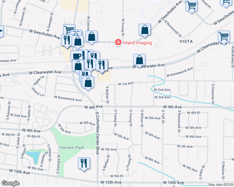 map of restaurants, bars, coffee shops, grocery stores, and more near 214 South Young Street in Kennewick