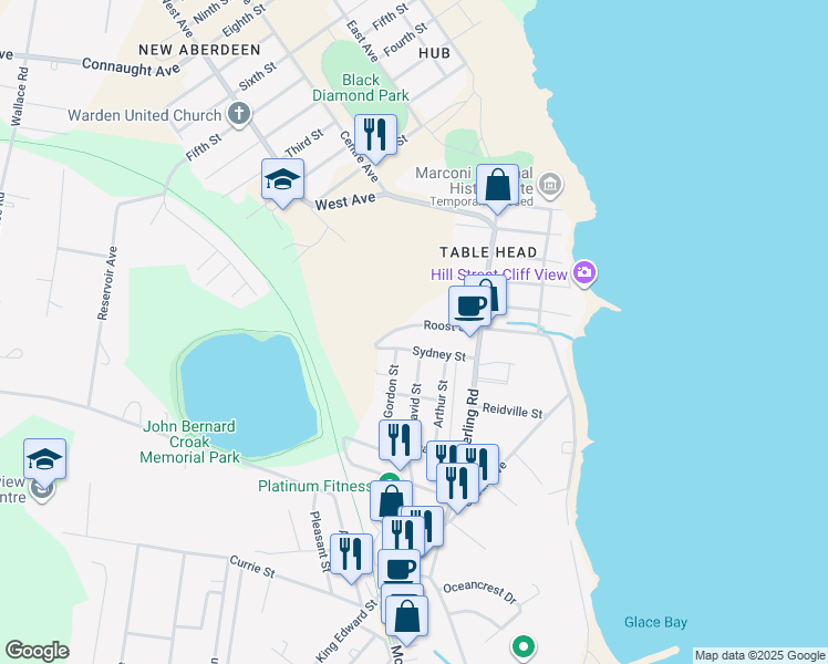 map of restaurants, bars, coffee shops, grocery stores, and more near 29 Roost Street in Glace Bay