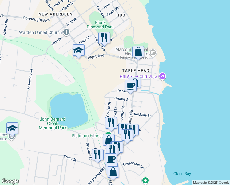 map of restaurants, bars, coffee shops, grocery stores, and more near 29 Roost Street in Glace Bay