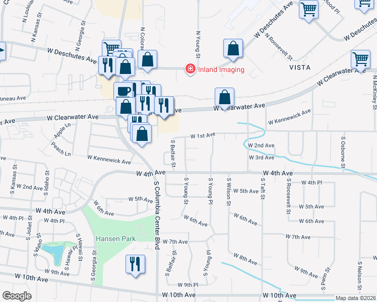 map of restaurants, bars, coffee shops, grocery stores, and more near 214 South Young Street in Kennewick
