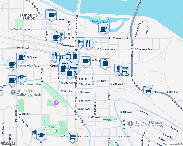 map of restaurants, bars, coffee shops, grocery stores, and more near 119 East 1st Avenue in Kennewick