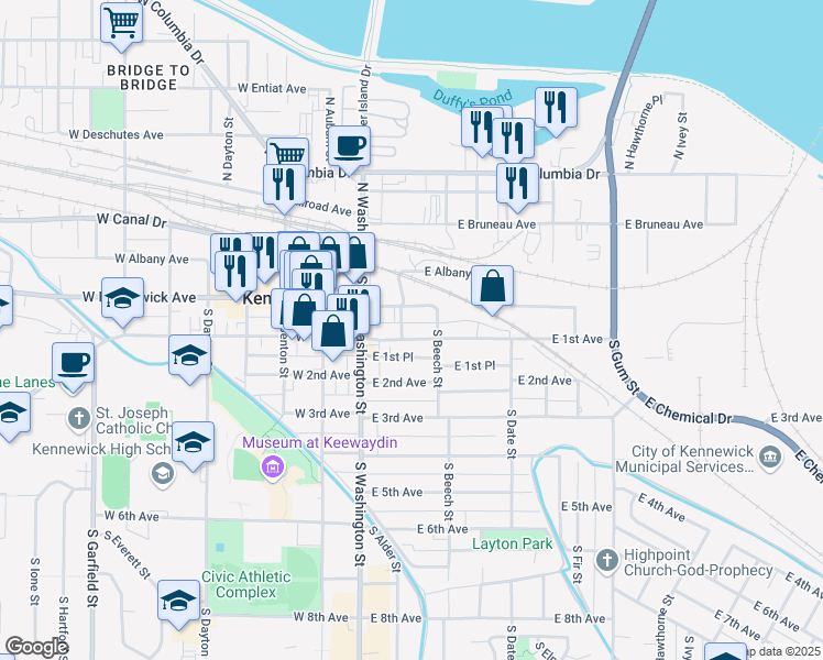 map of restaurants, bars, coffee shops, grocery stores, and more near 102 East 1st Avenue in Kennewick