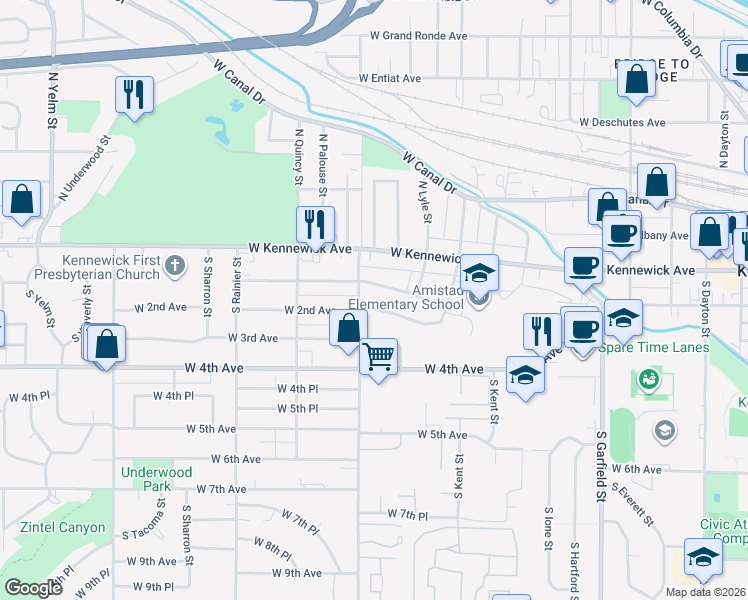 map of restaurants, bars, coffee shops, grocery stores, and more near 1233 West 2nd Avenue in Kennewick