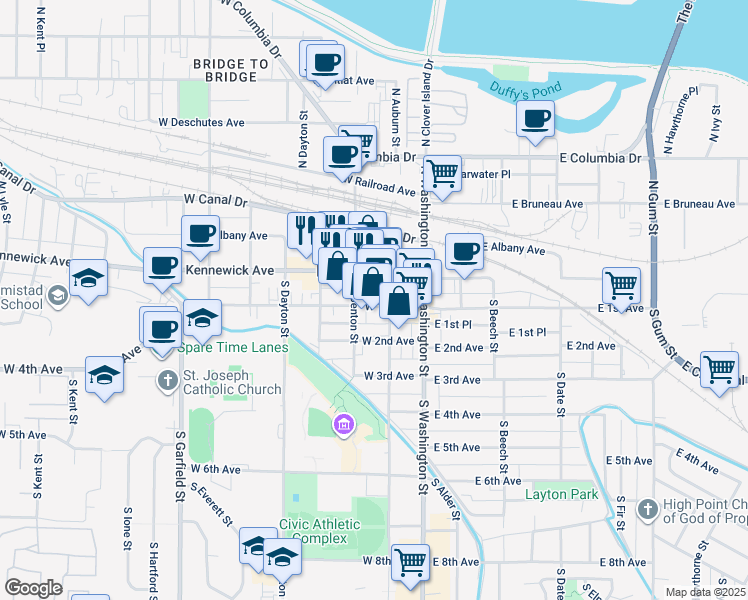 map of restaurants, bars, coffee shops, grocery stores, and more near 119 West 1st Avenue in Kennewick