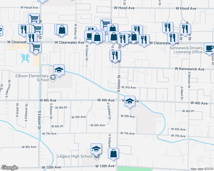 map of restaurants, bars, coffee shops, grocery stores, and more near 200 South Union Street in Kennewick