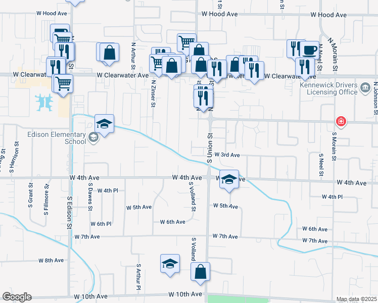 map of restaurants, bars, coffee shops, grocery stores, and more near 313 South Williams Street in Kennewick