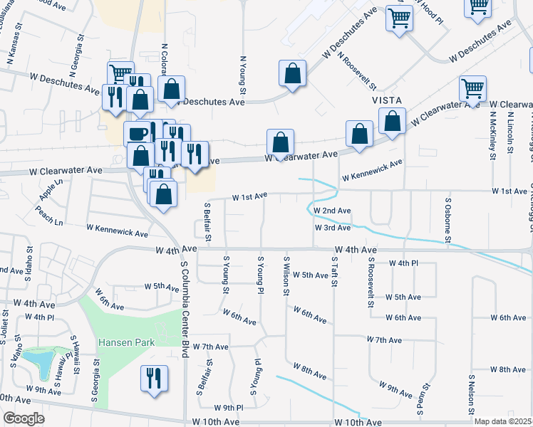 map of restaurants, bars, coffee shops, grocery stores, and more near 219 South Young Place in Kennewick