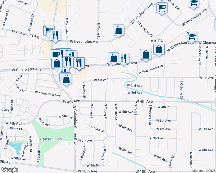map of restaurants, bars, coffee shops, grocery stores, and more near 219 South Young Place in Kennewick