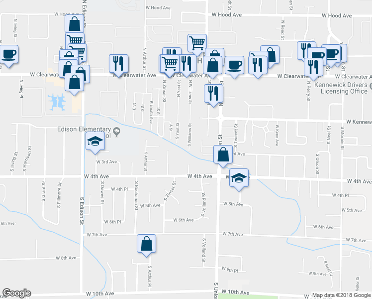map of restaurants, bars, coffee shops, grocery stores, and more near 212 South Williams Street in Kennewick