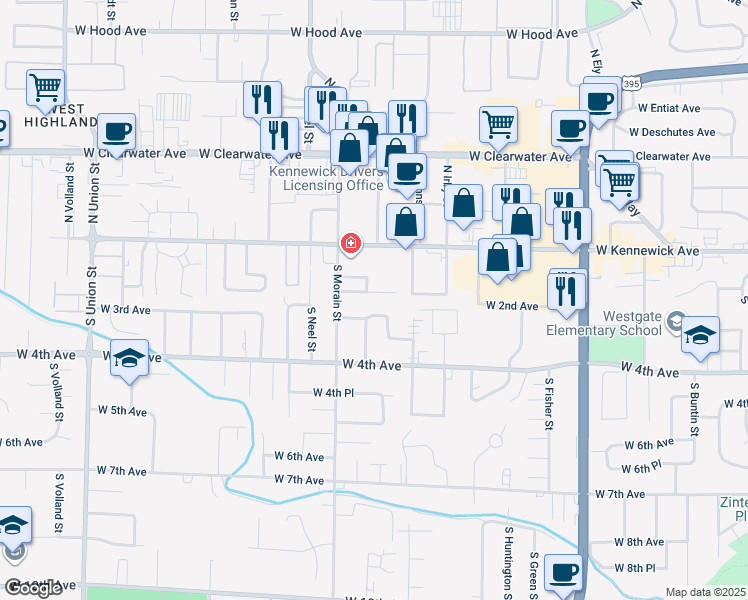 map of restaurants, bars, coffee shops, grocery stores, and more near 3317 West 3rd Avenue in Kennewick