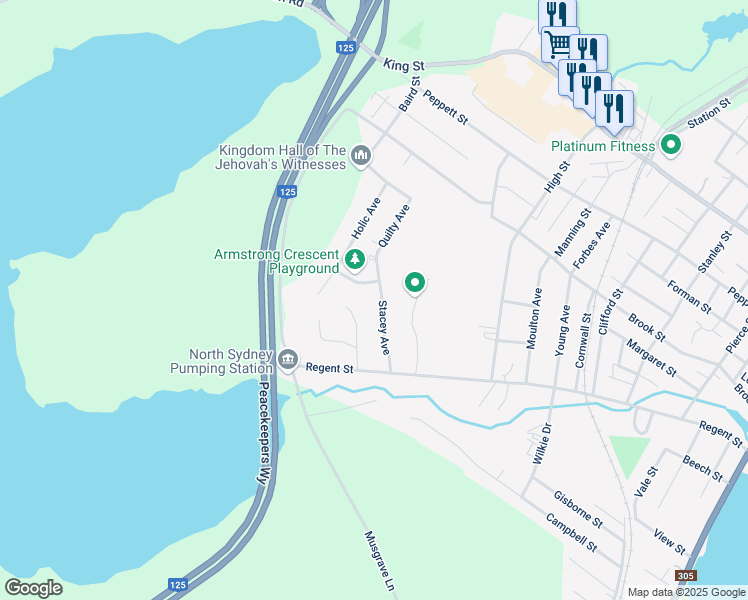 map of restaurants, bars, coffee shops, grocery stores, and more near 14 Stacey Avenue in North Sydney