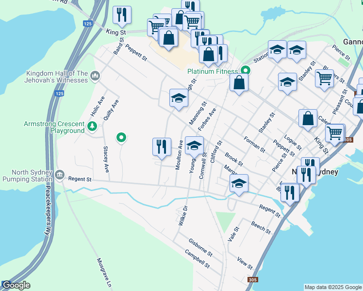 map of restaurants, bars, coffee shops, grocery stores, and more near 23 Moulton Avenue in North Sydney