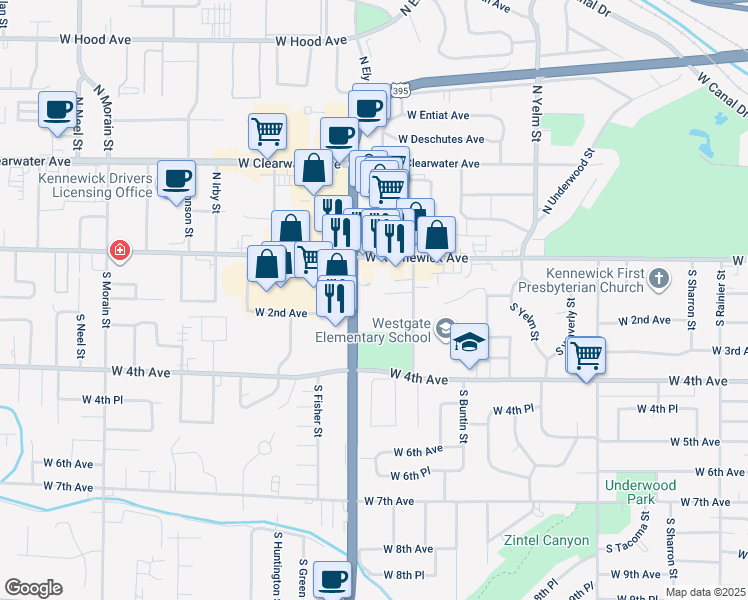 map of restaurants, bars, coffee shops, grocery stores, and more near 129 S Ely St in Kennewick