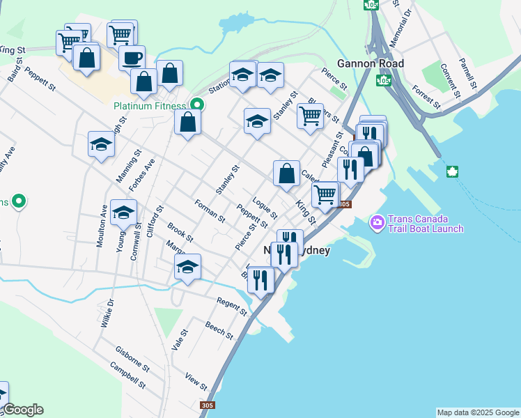 map of restaurants, bars, coffee shops, grocery stores, and more near 52 Pierce Street in North Sydney