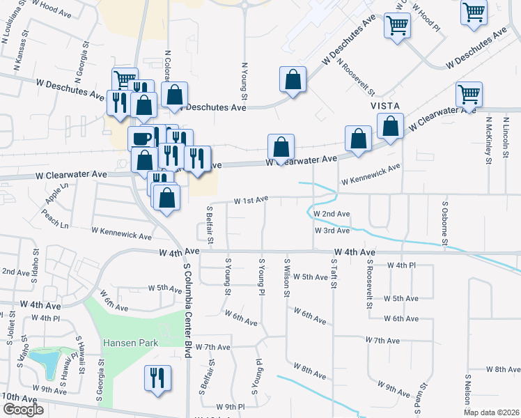 map of restaurants, bars, coffee shops, grocery stores, and more near 112 South Young Place in Kennewick