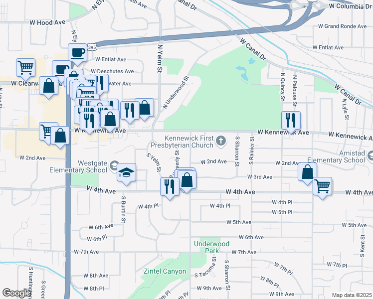 map of restaurants, bars, coffee shops, grocery stores, and more near 24 South Vancouver Street in Kennewick