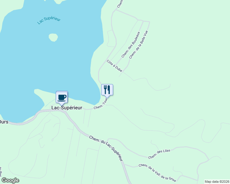 map of restaurants, bars, coffee shops, grocery stores, and more near 170 Chemin Tour du Lac in Lac-Supérieur