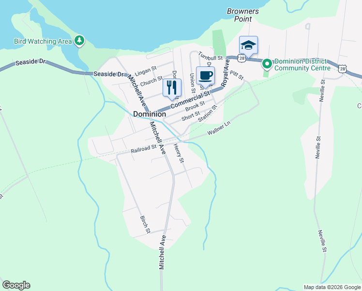 map of restaurants, bars, coffee shops, grocery stores, and more near 31 Henry Street in Dominion