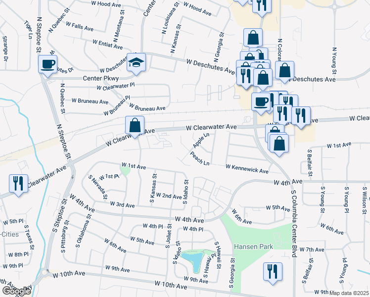 map of restaurants, bars, coffee shops, grocery stores, and more near Peach Lane in Kennewick