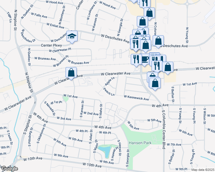 map of restaurants, bars, coffee shops, grocery stores, and more near 171 Apple Lane in Kennewick