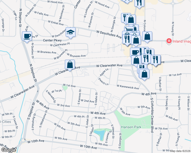 map of restaurants, bars, coffee shops, grocery stores, and more near Peach Lane in Kennewick