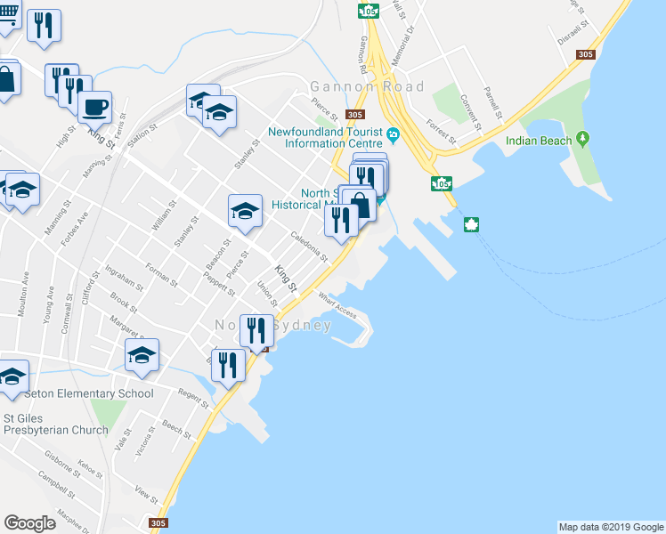map of restaurants, bars, coffee shops, grocery stores, and more near Commercial Street in North Sydney