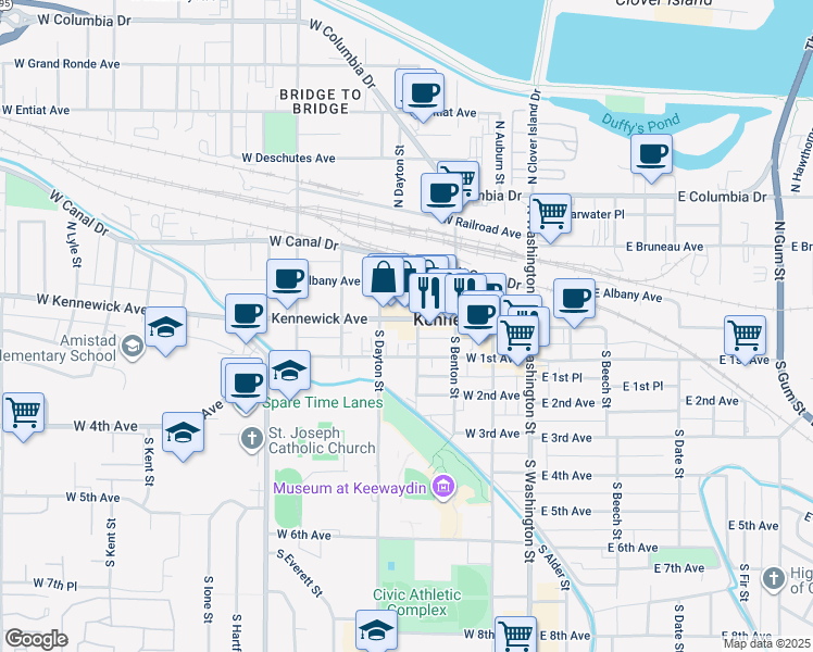 map of restaurants, bars, coffee shops, grocery stores, and more near 318 West Kennewick Avenue in Kennewick