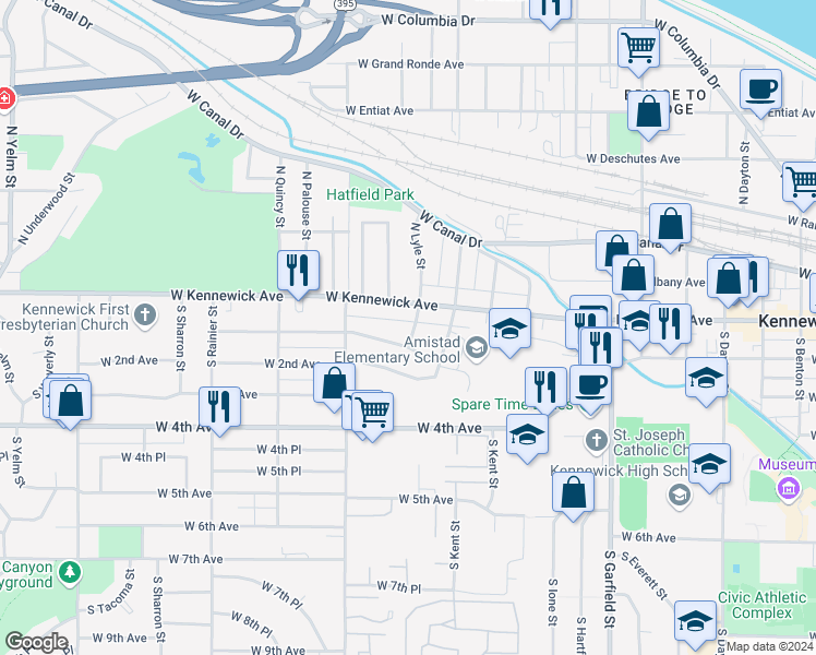 map of restaurants, bars, coffee shops, grocery stores, and more near 1219 West Kennewick Avenue in Kennewick